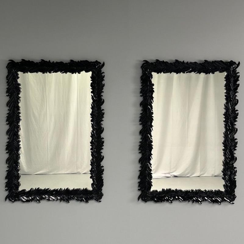 Serge Roche Style, Modern, Rectangular Leaf Wall Mirrors, Black Lacquer - 4
