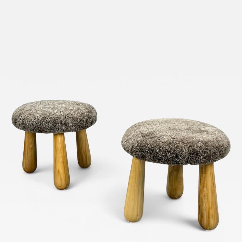 Danish Modern Style, Brown Sheepskin, Maple, Shearling Footstools, 21st c. (1 of 10)