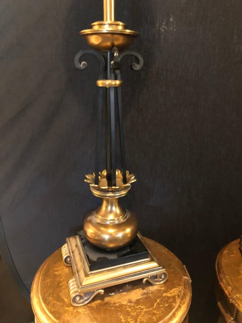Pair of Hollywood Regency Stiffel Co. Brass and Ebonized Column Form Table Lamp - 10