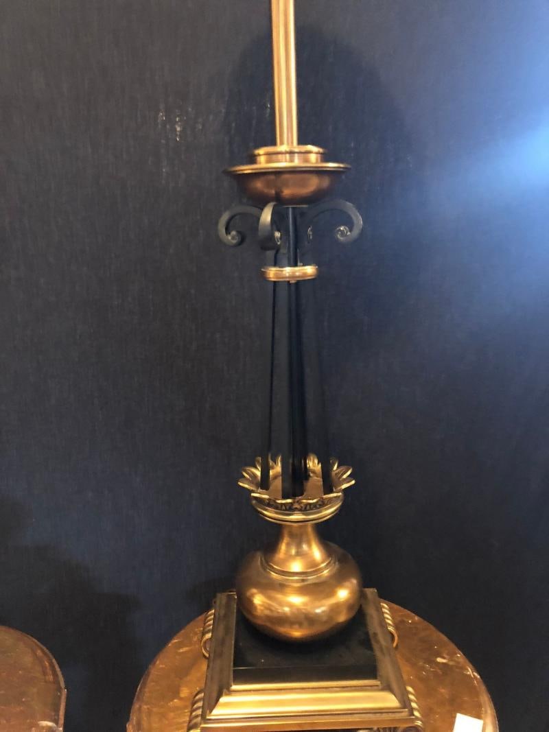Pair of Hollywood Regency Stiffel Co. Brass and Ebonized Column Form Table Lamp - 11