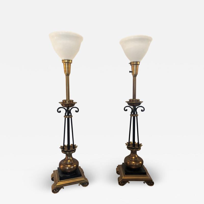 Pair of Hollywood Regency Stiffel Co. Brass and Ebonized Column Form Table Lamp: Title: Pair of Hollywood Regency Stiffel Co. Brass and Ebonized Column Form Table Lamp Description: Description 1: A pair of Stiffel Co. brass and ebonized column form table lamps each signed. Each do