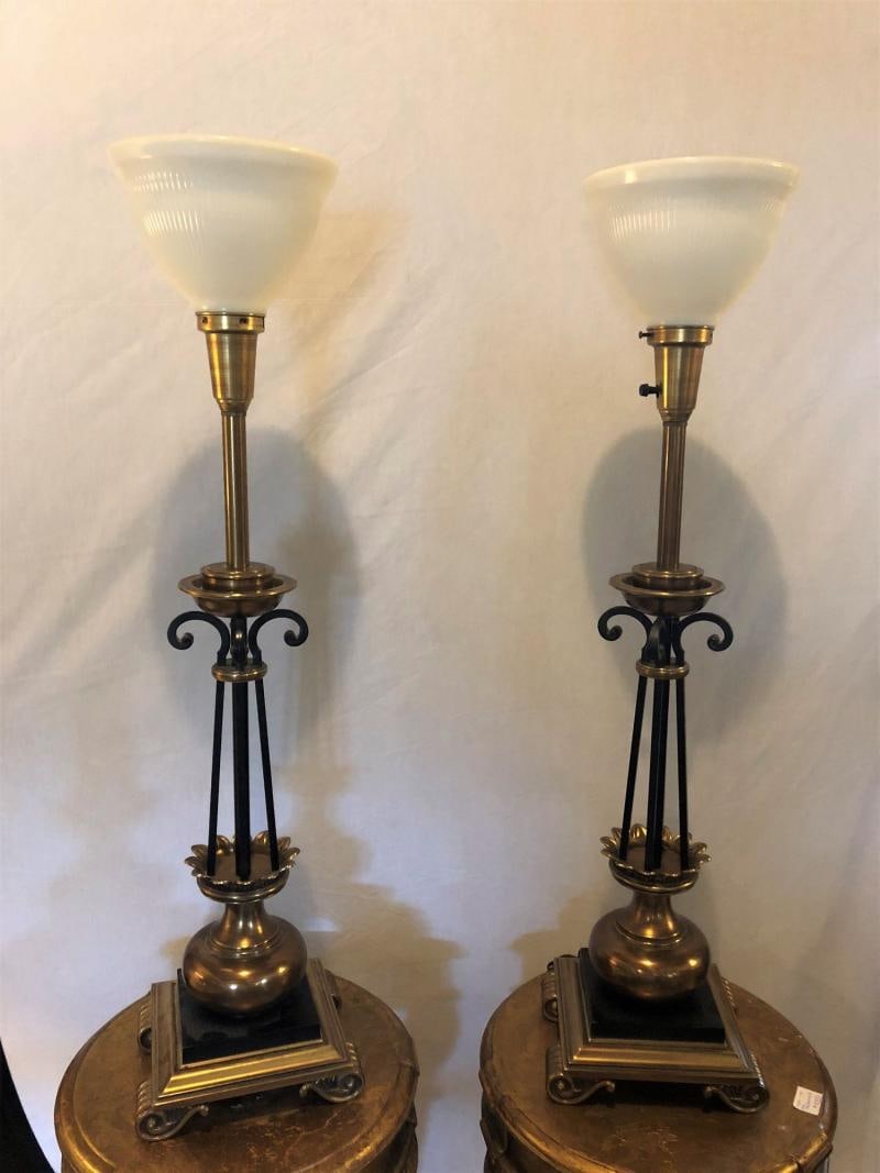 Pair of Hollywood Regency Stiffel Co. Brass and Ebonized Column Form Table Lamp - 3
