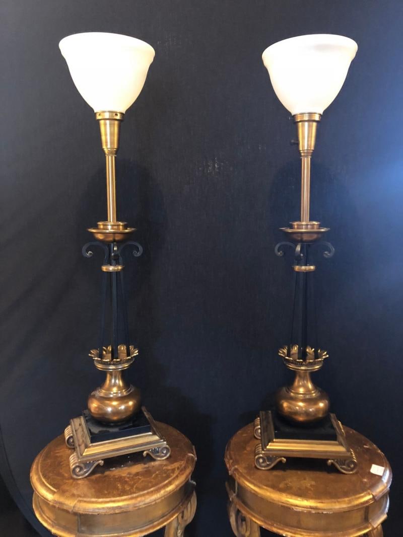 Pair of Hollywood Regency Stiffel Co. Brass and Ebonized Column Form Table Lamp - 9