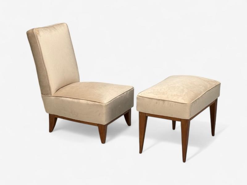 Guglielmo Pecorini, Stained Wood, Beige Velvet, Ottoman, Italy, 1950s - 10