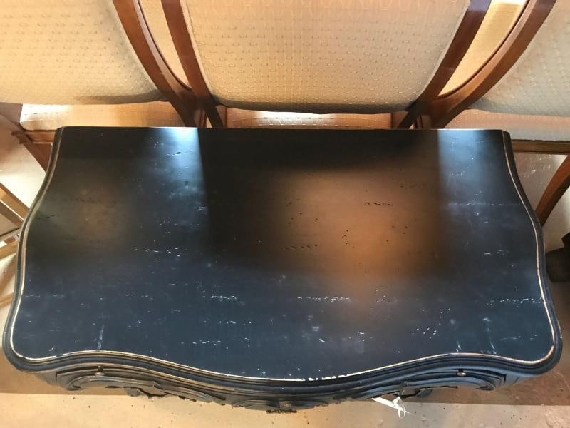 Black Distressed Bombe Commode with Bronze Mounts and Pull-Out Tray Top - 11