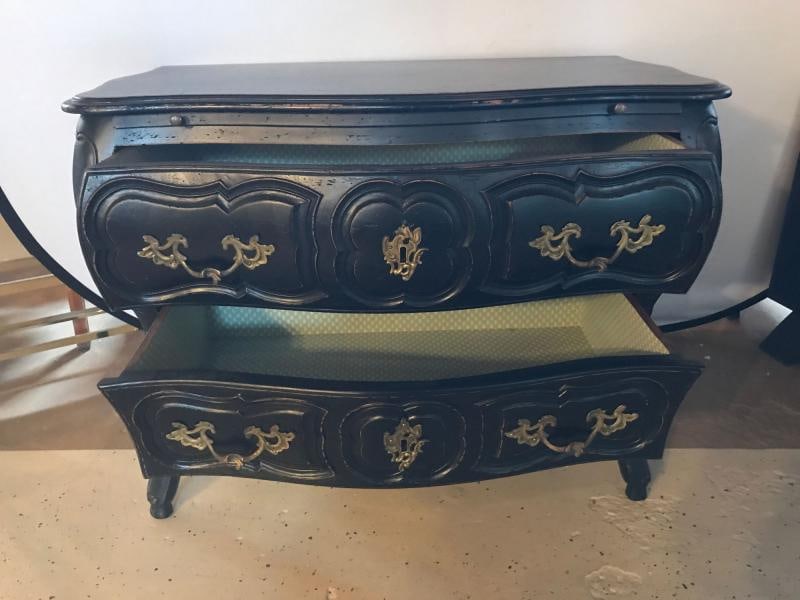 Black Distressed Bombe Commode with Bronze Mounts and Pull-Out Tray Top - 5