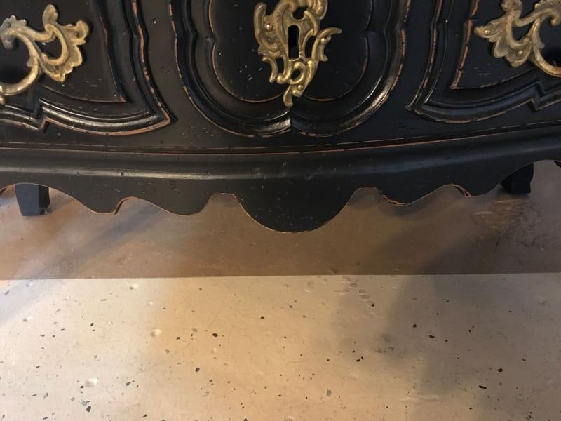 Black Distressed Bombe Commode with Bronze Mounts and Pull-Out Tray Top - 9