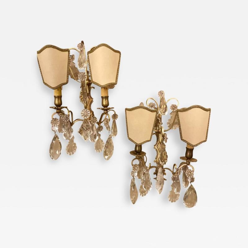 Pair of Two-Light Covered Mixed Crystal and Rock Crystal Bronze Wall Sconces: Title: Pair of Two-Light Covered Mixed Crystal and Rock Crystal Bronze Wall Sconces Description: Description 1: Pair of two light covered mixed crystal and rock crystal bronze wall sconces each