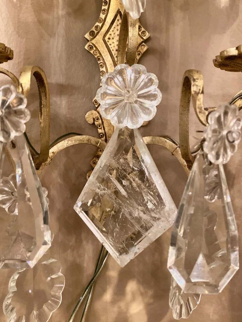 Pair of Two-Light Covered Mixed Crystal and Rock Crystal Bronze Wall Sconces - 4