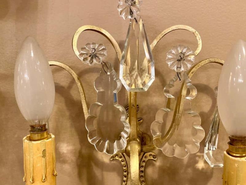 Pair of Two-Light Covered Mixed Crystal and Rock Crystal Bronze Wall Sconces - 6