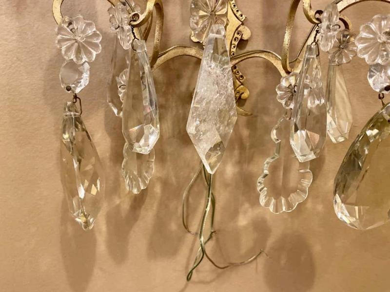 Pair of Two-Light Covered Mixed Crystal and Rock Crystal Bronze Wall Sconces - 7