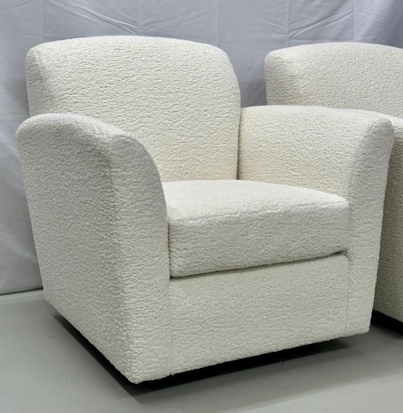 Pair of Mid-Century Modern Square White Boucle Rocking Lounge / Swivel Chairs - 7
