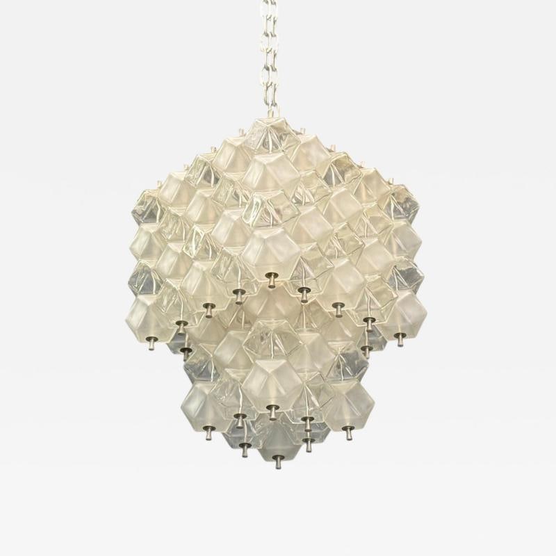 Venini Poliedri, Faceted Glass, Metal, Geometric Chandelier, Italy, 1950s: Title: Venini Poliedri, Faceted Glass, Metal, Geometric Chandelier, Italy, 1950s Description: Description 1: Venini Poliedri, Italian Mid-Century Modern, Faceted Glass, Metal, Geometric Chandelier,