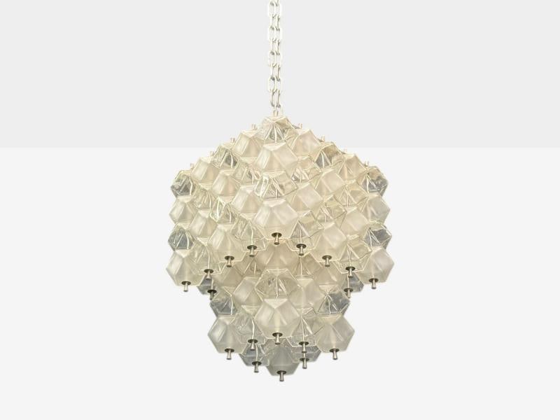 Venini Poliedri, Faceted Glass, Metal, Geometric Chandelier, Italy, 1950s - 2