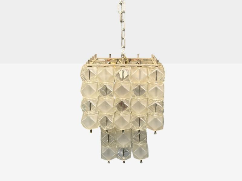Venini Poliedri, Faceted Glass, Metal, Geometric Chandelier, Italy, 1950s - 4