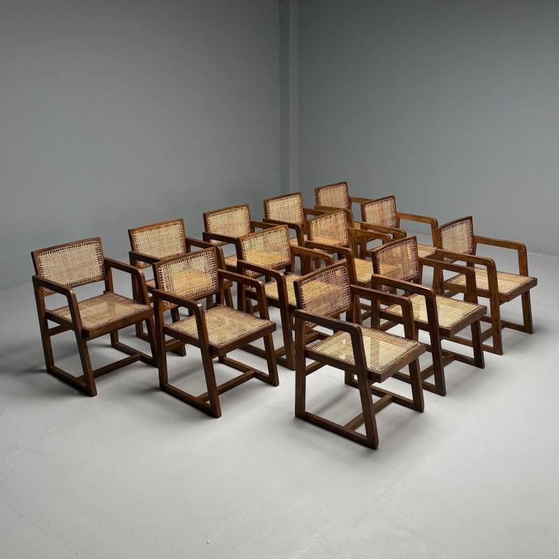 Pierre Jeanneret, French Mid-Century Modern, 12 Box Dining Chairs, Teak, Cane - 4