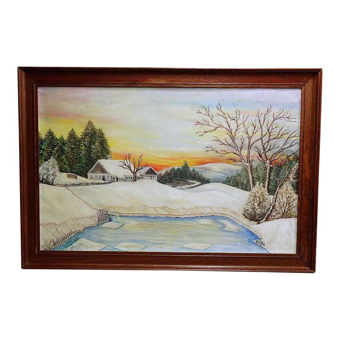 Sunrise in a Winterly Landscape in the Black Forest: Sunrise in a Winterly Landscape in The Black Forest An original vintage oil painting showing a sunrise in a winterly Black Forest landscape. Painted in oil on canvas, signed Kuta 1958. A great