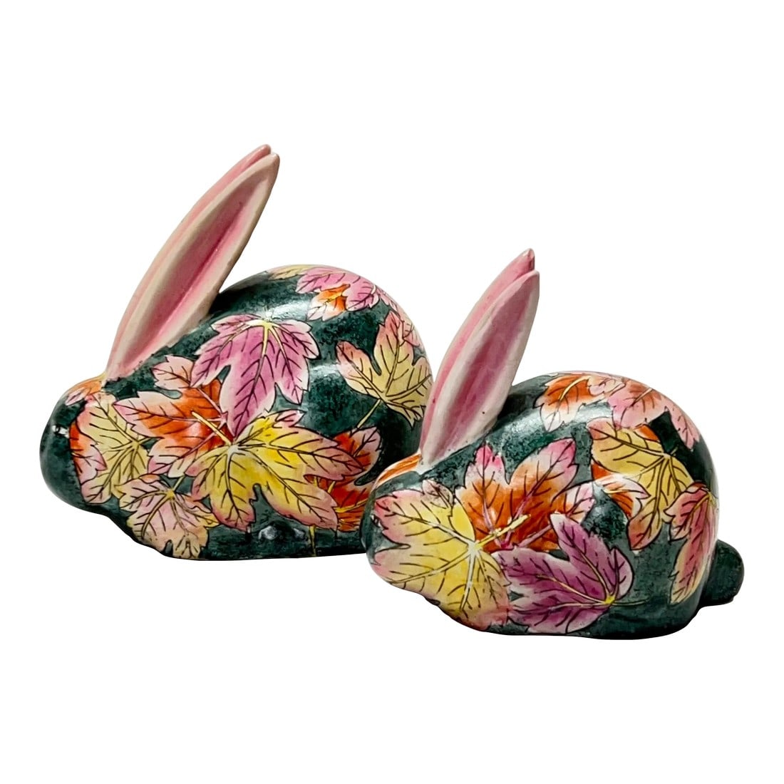 Late 20th Century Chinoiserie Long Eared Rabbits - a Pair: Pair of chinoiserie long eared rabbits decorated with leaves in orange, pink, lavender and yellow on a forest green background. Small measures 3" w x 5" d x 4.5" h, large measures 4" w x 6" d x 5.5"