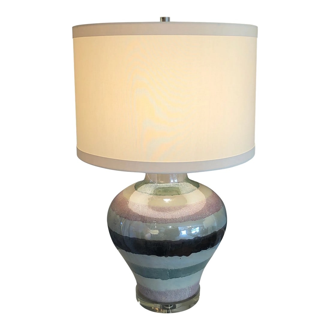 Contemporary Hand Made Glazed Ceramic Pottery Table Lamp: Stunning very large hand made artisan table lamp having glossy luscious glaze in horizontal stripes of taupe, celadon, mauve and brown. 32" H to lucite finial 15" diameter New $200 custom shade
