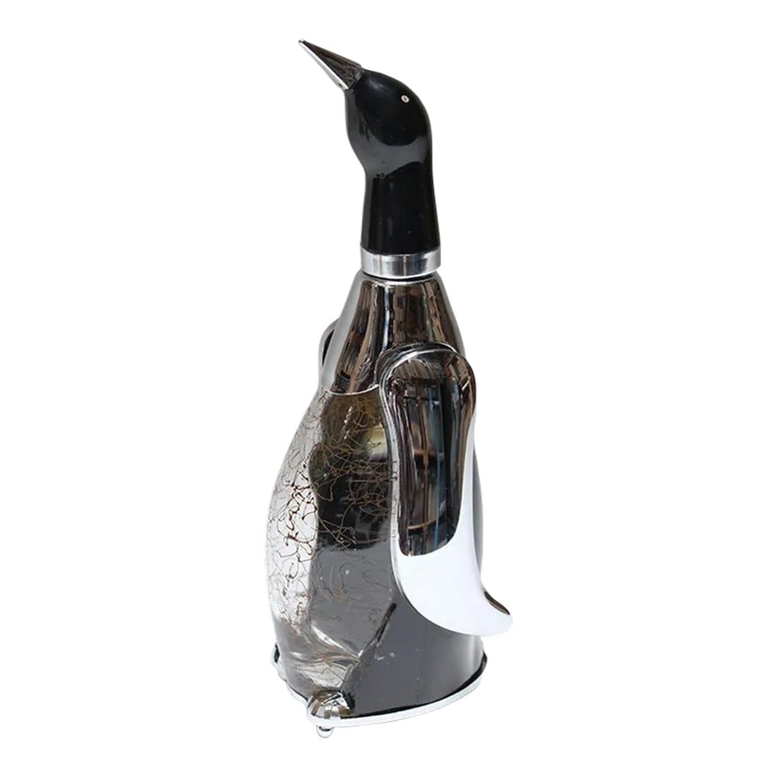 Vintage Japanese Chrome and Etched Glass "Penguin" Decanter and Music Box: Mid-Century Japanese chrome, stainless steel, black plastic, and etched glass penguin-form liquor bottle/decanter with music box component that plays "How Dry I Am." Designed in a Deco style, but