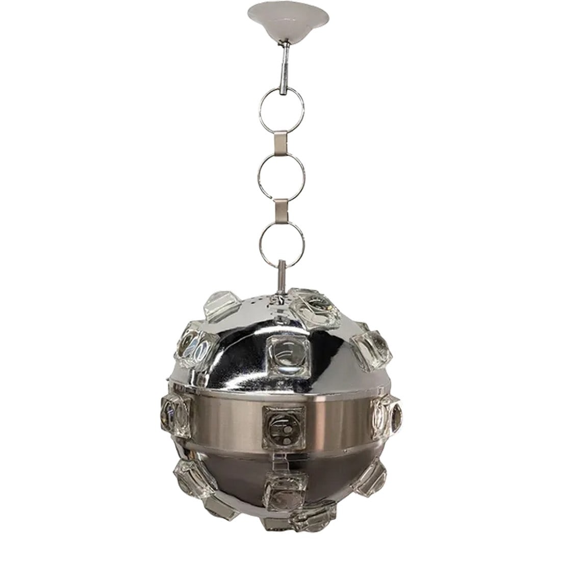 1970s Italian Modern Chrome and Glass Orb Lantern by Oscar Torlasco: Italian Modern Chrome and Glass Orb Lantern by Oscar Torlasco. This stunning Italian sphere shaped lantern, pendant or chandelier is comprised of chrome with square glass inserts. It retains the