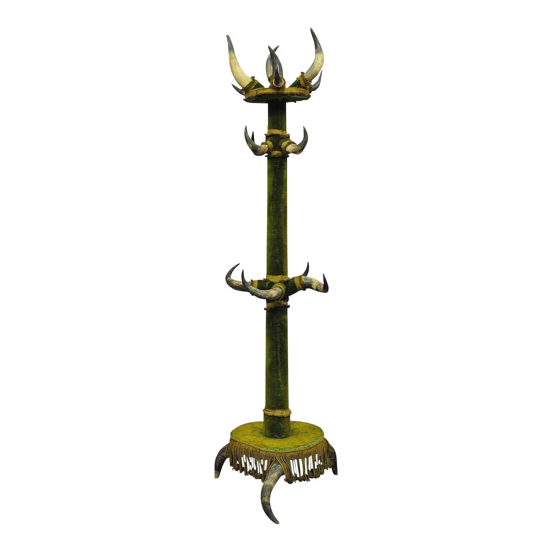 Antique Bull Horn Hall Stand Ca.1870: Antique Bull Horn Hall Stand ca.1870 A large bull horn hall stand made of wood, original Austrian cattle horns and a green velvet cover. Manufactured in Austria ca. 1870. Sturdy condition with