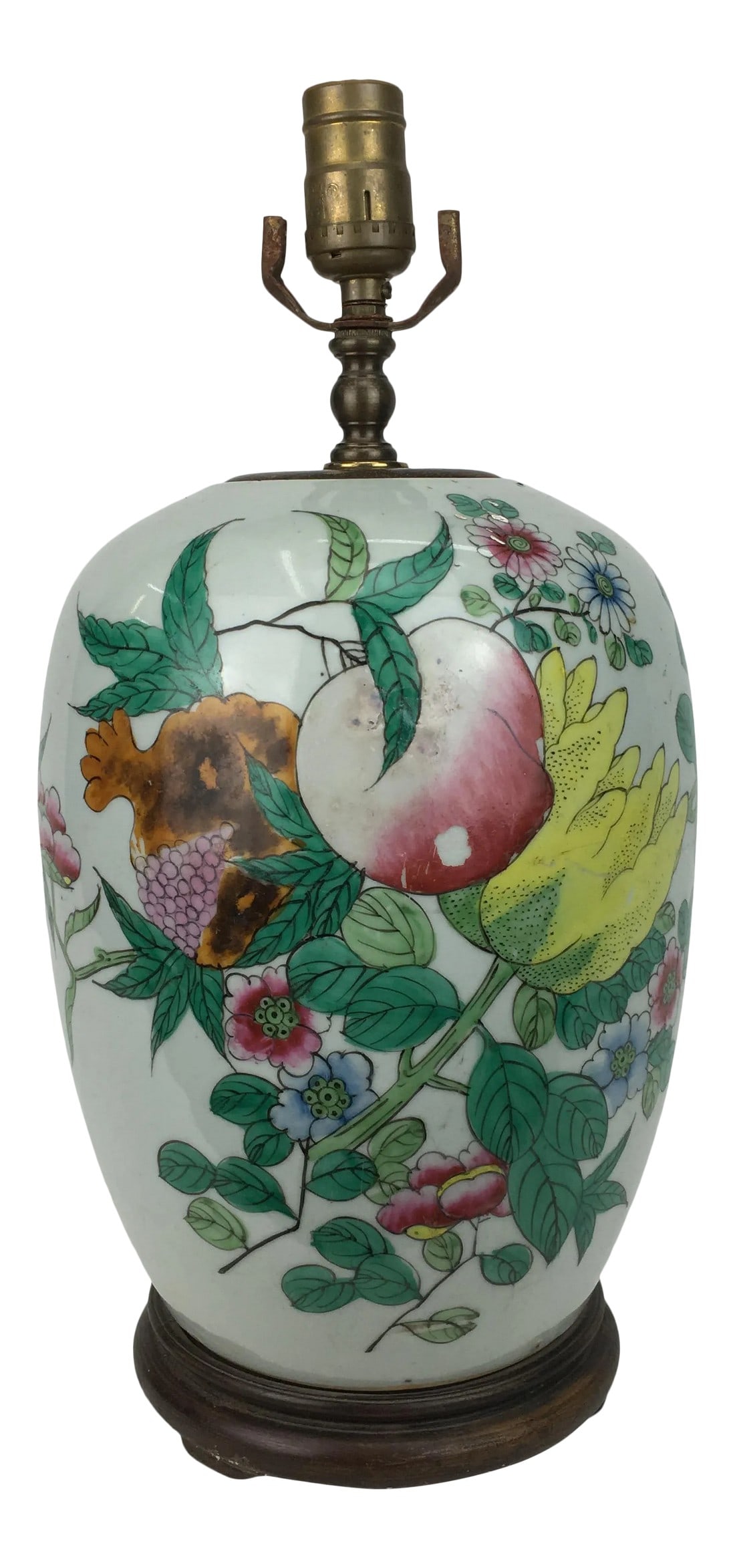 20th Century Peaches & Flowers Vintage Chinese Lamp: Peaches nestled amongst large brightly colored flowers adorn the face of this whimsical lamp. Condition: Alterations: Original Condition Unaltered Imperfections: Some Imperfections Condition Notes:
