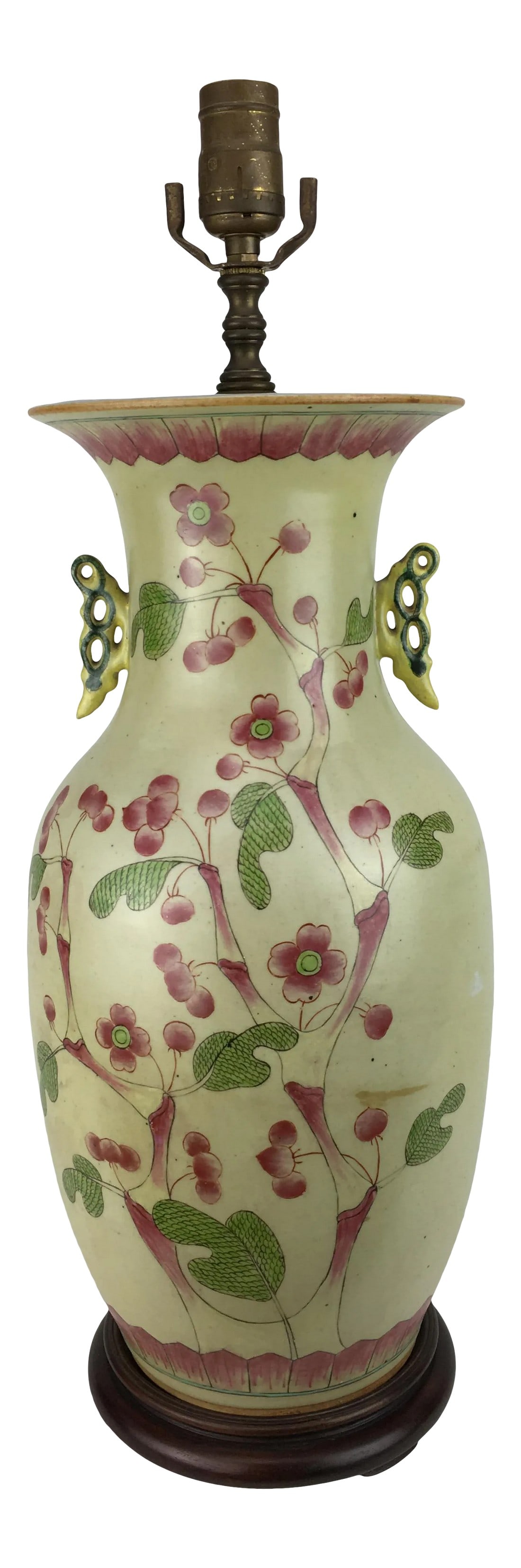 Green 1970s Blossom and Lotus Motif China Vase Lamp: Tranquil Bamboo flower shoots framed by a lotus leaf background painted on a soft yellow base, give this lamp a unique look and style. Condition: Alterations: Original Condition Unaltered