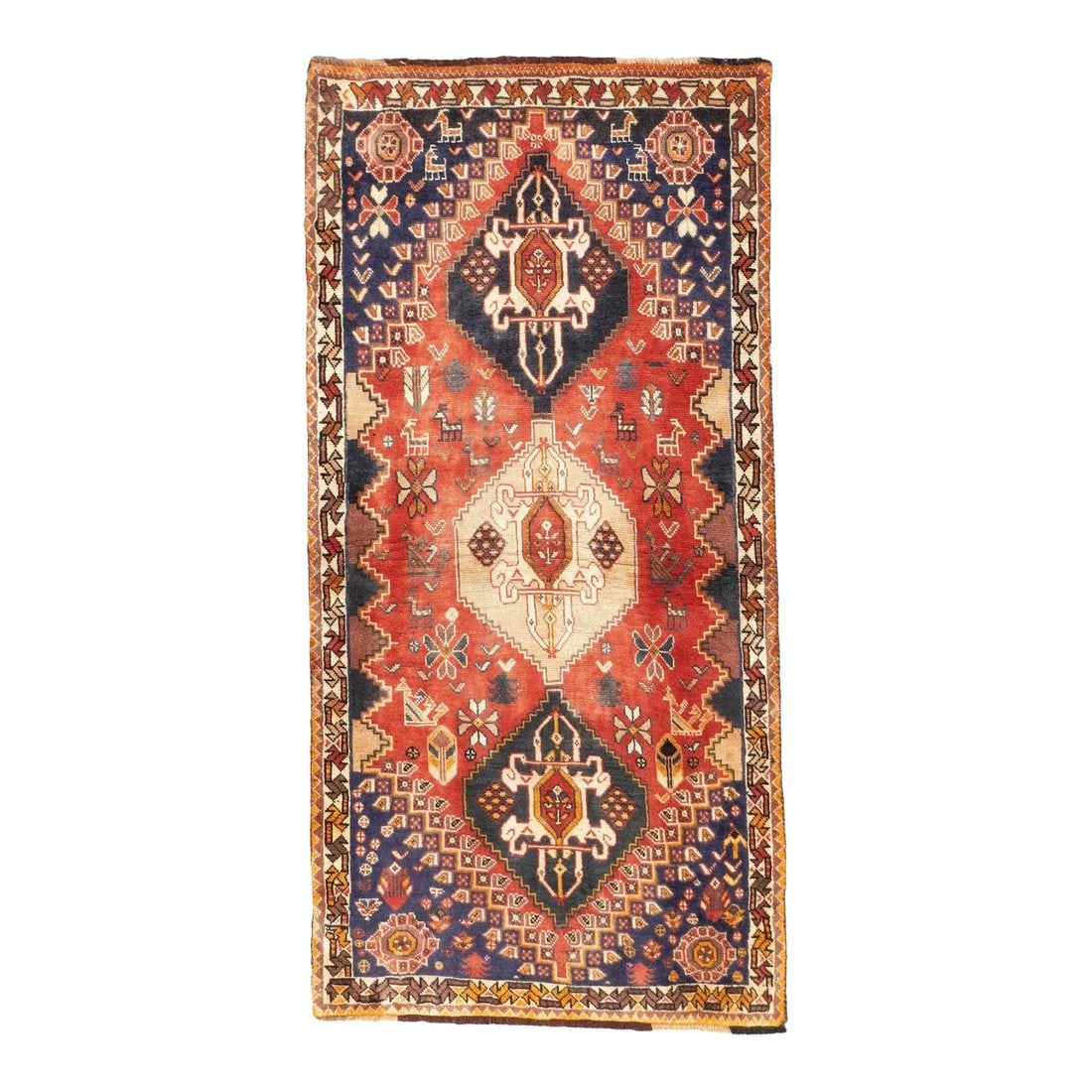 Vintage Persian Qashqai Rug 2'8'' X 5'4'': The best SW Persian, Fars Province nomadic rugs, mostly in scatter formats. Geometric Gabbehs, lion rugs, adapted Persian curvilinear styles. Some well-woven prayer rugs. All-wool constructions.