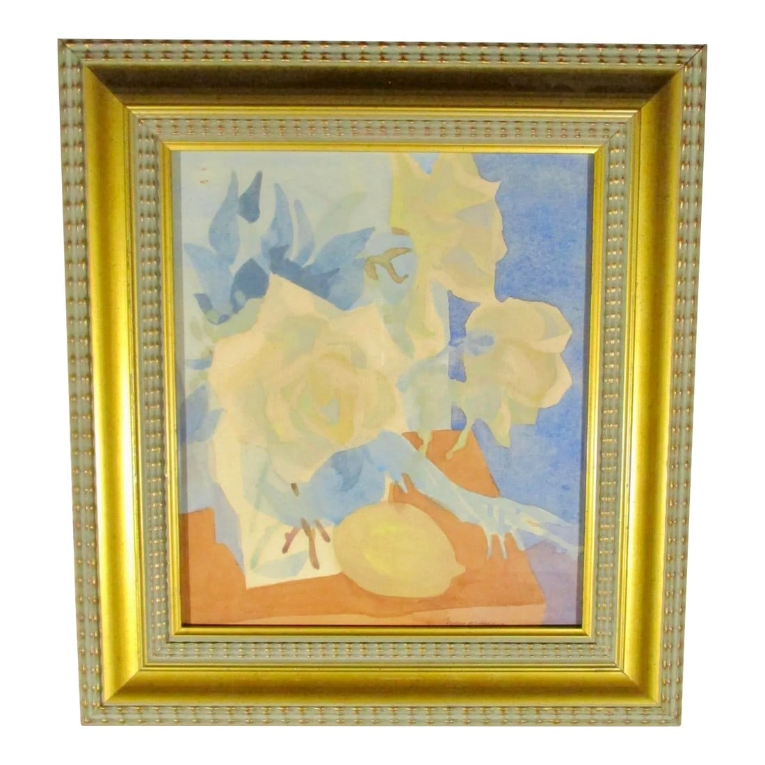 Floral Watercolor Still-Life by Tranerman Circa 1980s: A beautiful blue /orange, watercolor by Tranerman circa the 1980s in excellent condition and beautifully accomplished. Cubist brushwork is constructed with thin color planes that build the image. Skil