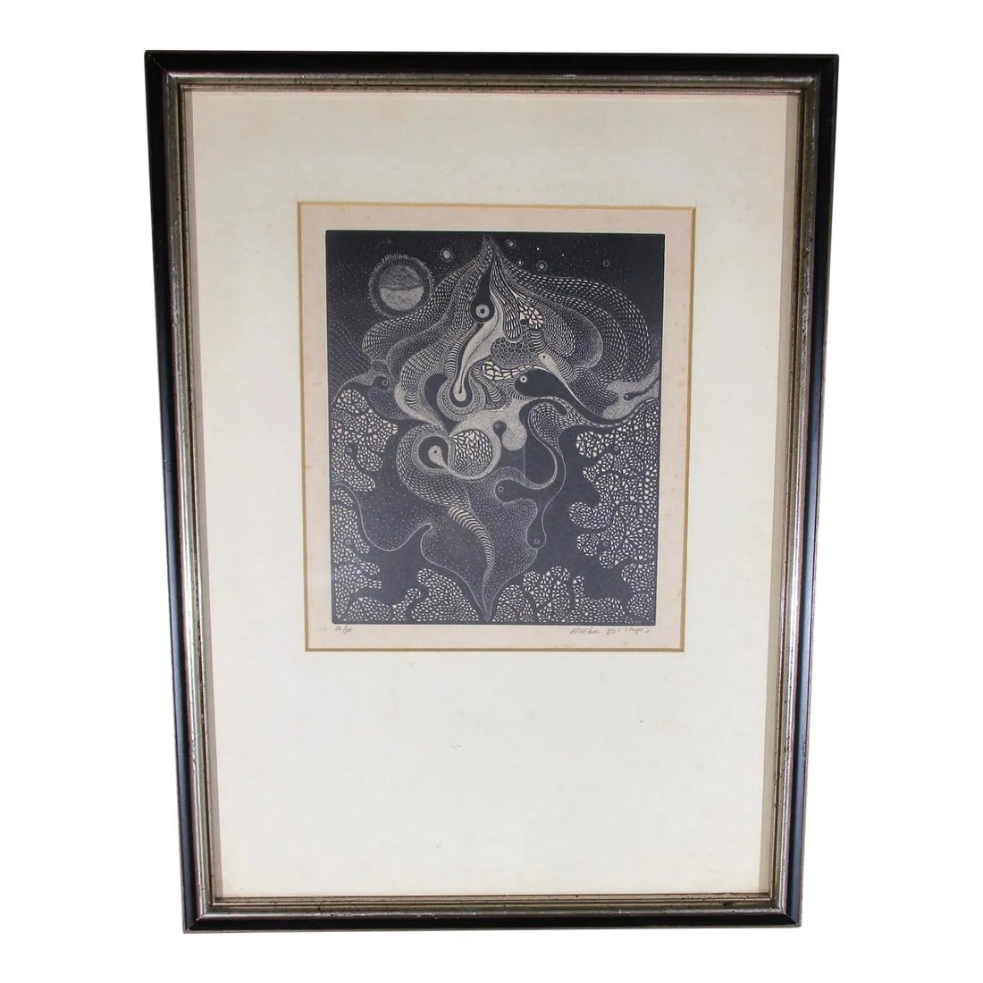 Etching Artist Proof Dated 1982 by Hoehn: Artist proof, etching by artist name, Hoehn. Black and white abstracted composition of swirling amoeba-shaped forms defined by a variety of textures and coloring. Highly fluid and has imagery that