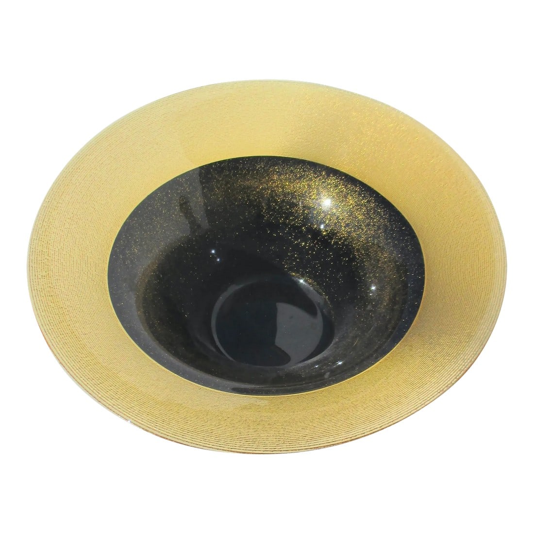 Gold Sparkle and Black Art Glass Center Piece: Sharp design black and gold amber-colored glass center bowl. Smooth inner surface with a spun texture outer walls in a manner similar to record grooves. The whole has a dense field of gold flecks