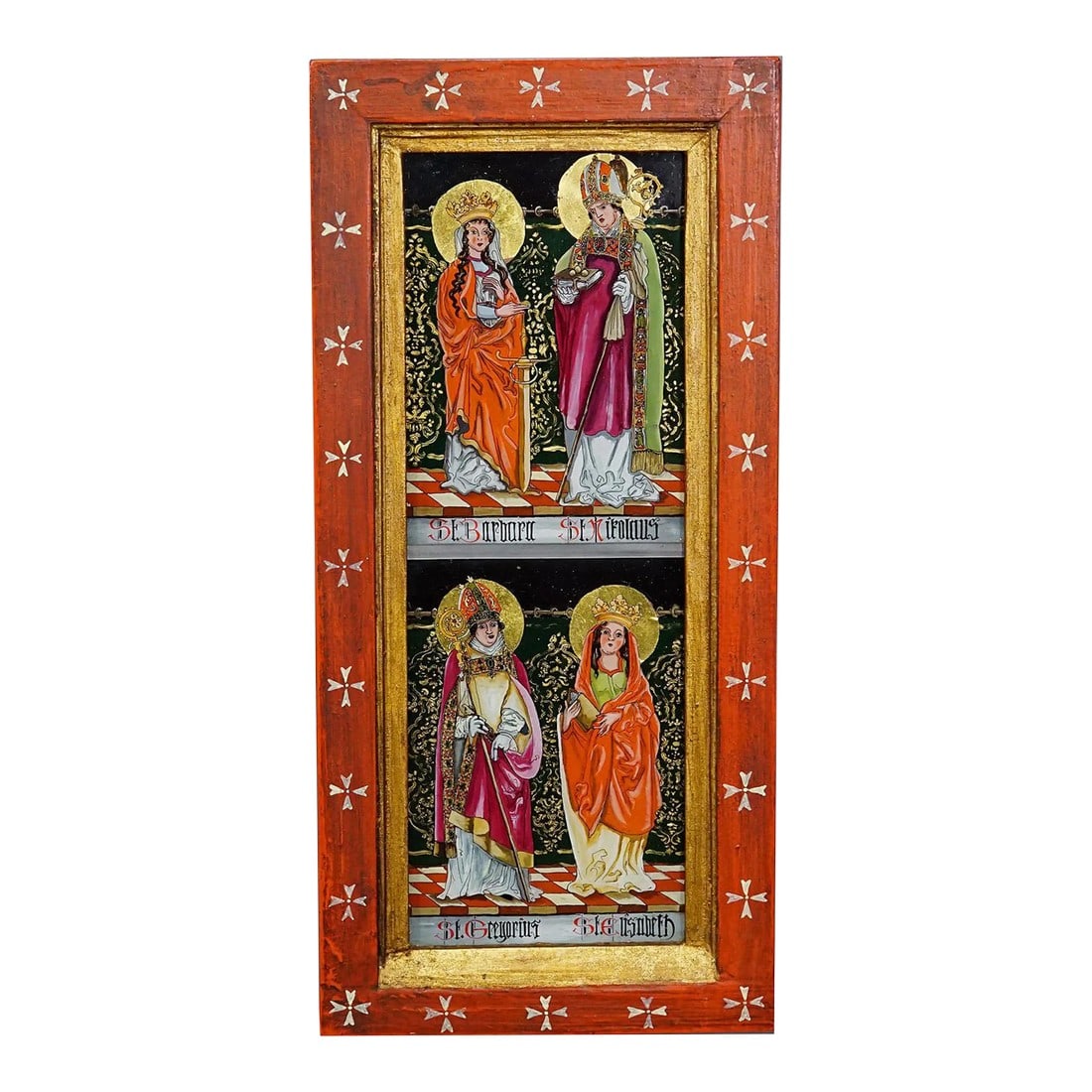 Antique Oil Painting With Four Saints, Germany Ca. 1920s: Antique Oil Painting With Four Saints, Germany ca. 1920s A great antique painting depicting the saints St. Elisabeth, St. Gregorius, St. Nikolaus and St. Barbara. Handpainted with enamel paint in