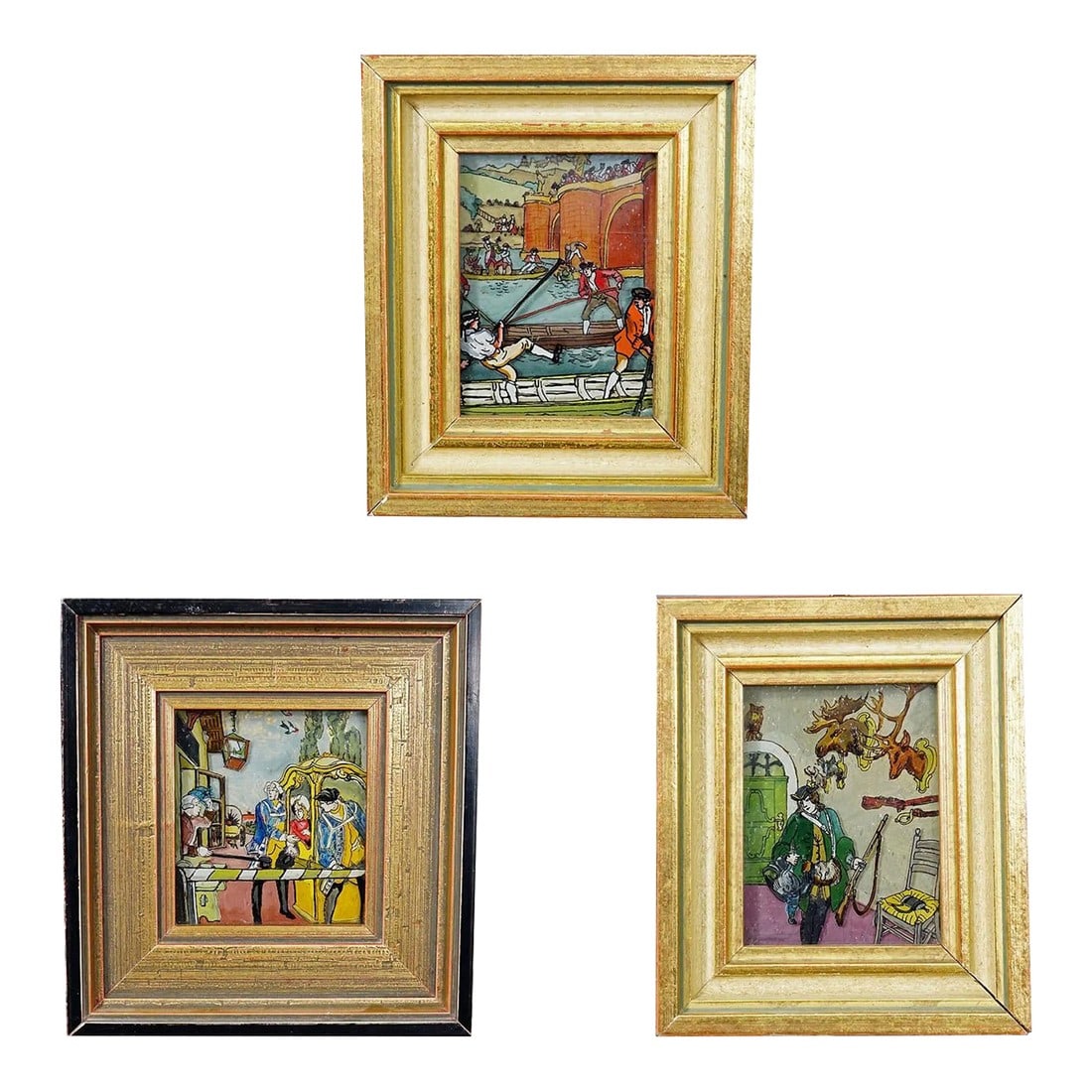 Three Vintage Behind Glass Paintings With Biedermeier Scenes (1 of 8)