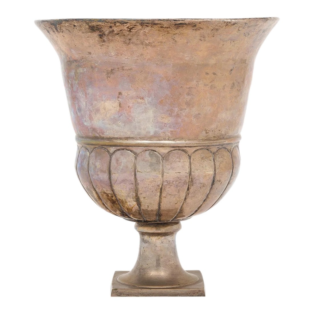 Art Deco French "Grand" Champagne Bucket: Important champagne bucket, French, from the Art deco period. This piece is made ofÂ silver plated copper. The champagne bucket was embossed by hand in a Medici urn style and features large "godr