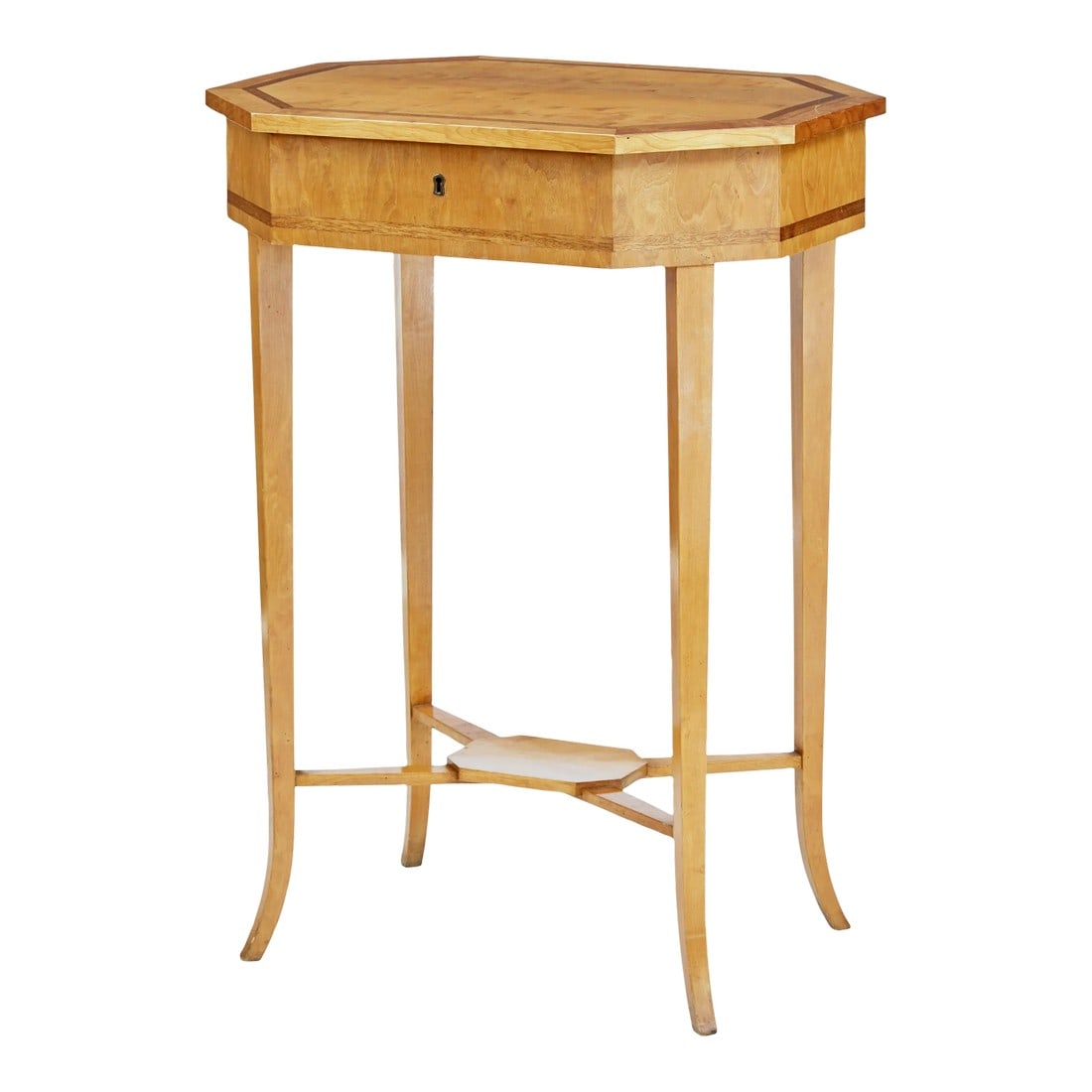 English Turn of the Century 1900s Octagonal Top Birchwood Work Table: An English Turn of the Century birch work table circa 1900 with octagonal top. Step back into the early 1900s with this delightful English Turn of the Century birch work table, a testament to