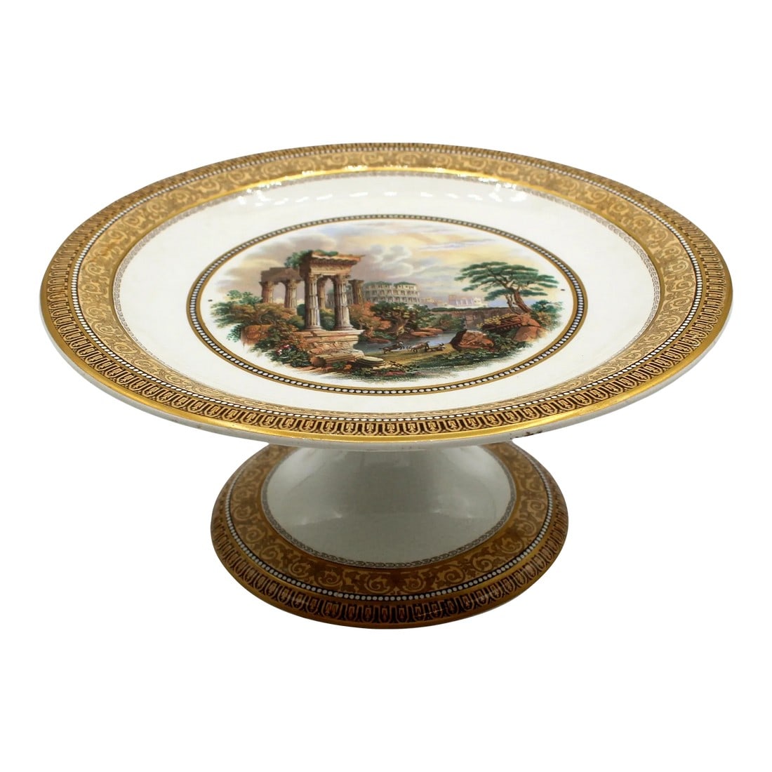 Circa 1860 English Prattware Compote: Prattware compote, circa 1860, English. Marked No. 123. Prattware is lead-glazed earthenware produced in English from the 1790s thru much of the 19th century. Creamware body decorated with Roman ruins