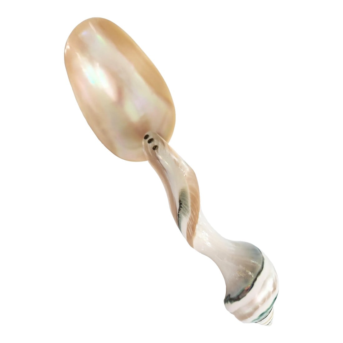 1970s Mother-Of-Pearl Organic Sculptural Sea Shell Serving Spoon: This lovely twisted vintage organic shaped mother-of-pearl, sea shell serving spoon. Make a statement with your severer-ware. This is extremely unique. Notice the organically curved handle is