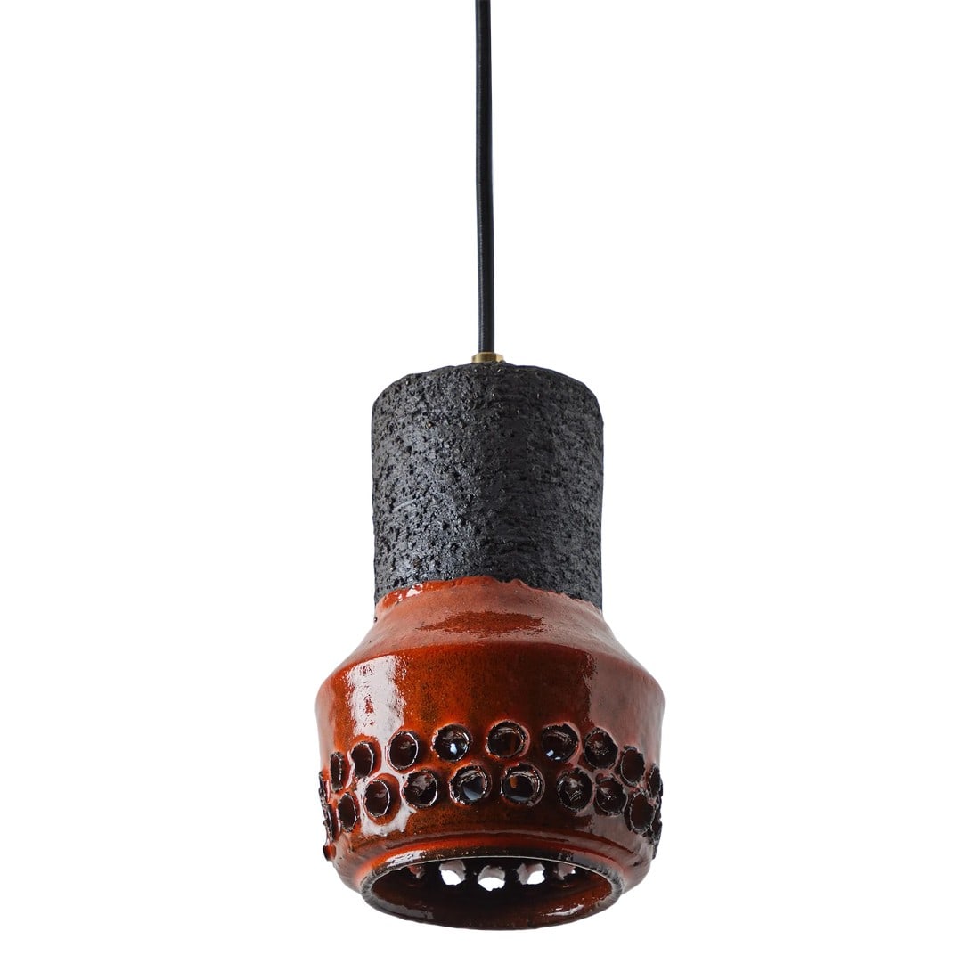 1950s Aldo Londi Ceramic Bitossi Pendant Lamp for Italian Raymor: 1950s Aldo Londi Ceramic Bitossi Pendant Lamp for Italian Raymor. This rare and sculptural Italian ceramic lamp is executed in a warm auburn glaze with geometric circular perforations. Accommodates 1x