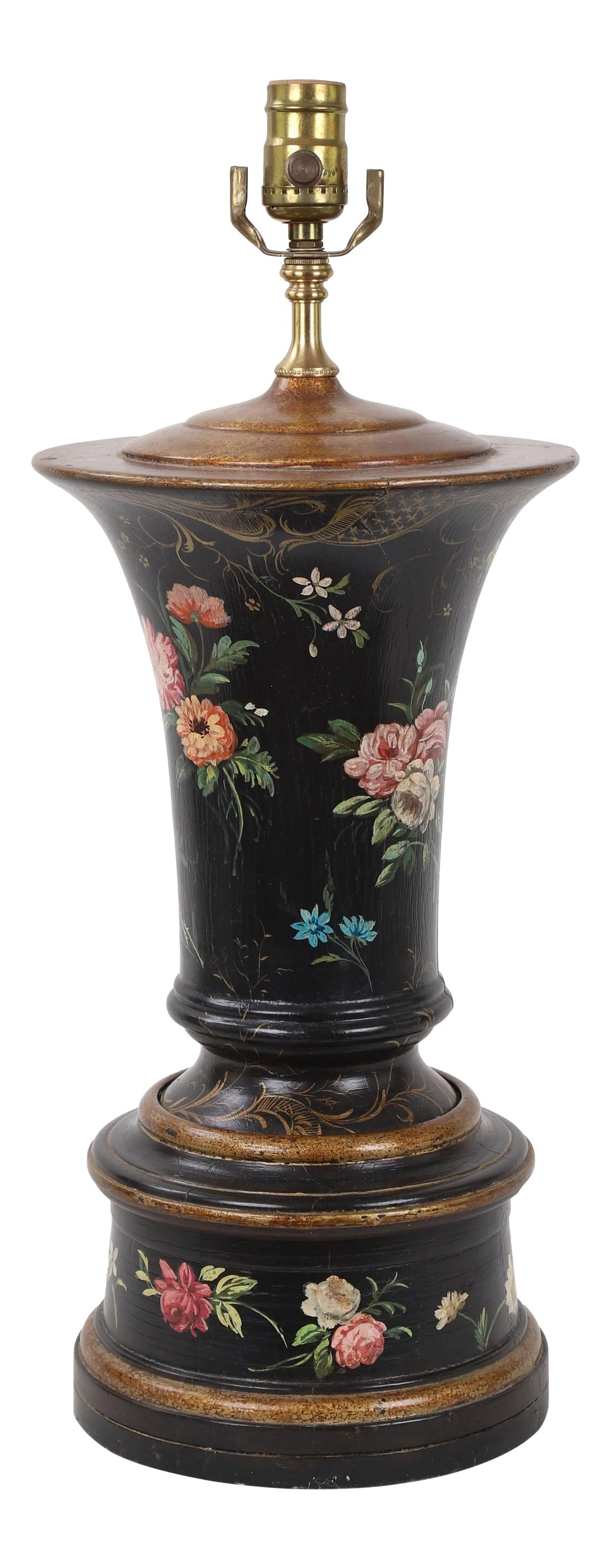 Vase Lamp With Gold and Ochre Details Featuring Multiple Famille Roses: Famille Roses are frameless and painted throughout the vase lamp that also features subtle painted gold detailing. There are cracks on top and around the base and lamp. Condition: Imperfections: Some