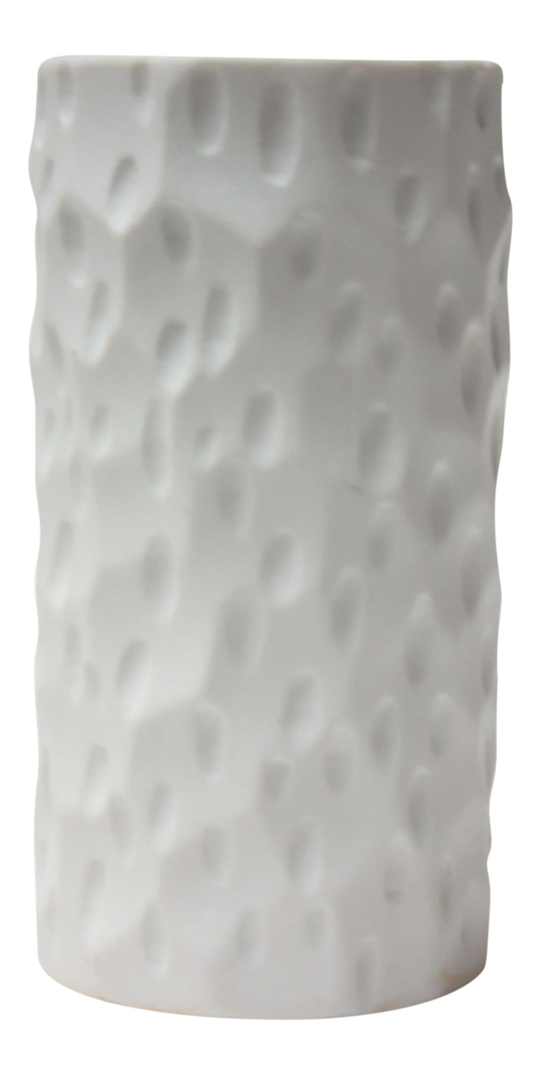 Small 1960s West German Bone-White Bisque Porcelain Dimpled Vase by Thomas: Small, cylindrical vase manufactured by Thomas of West Germany circa 1960s / 70s. Likely designed by Richard Scharrer, who was known for his bisque pieces for Thomas. Dimpled pattern throughout on