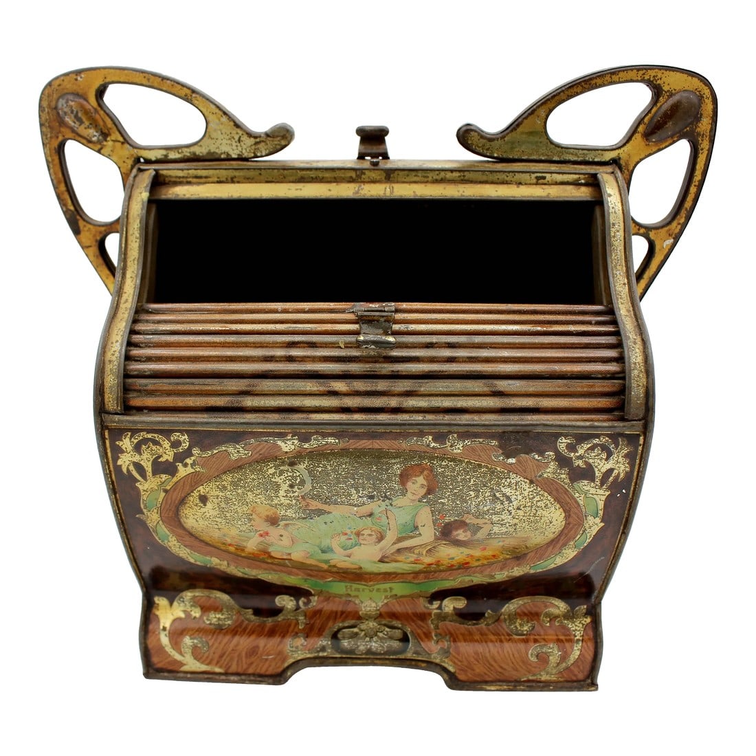 1906 Art Nouveau Biscuit Tin by Huntley & Palmers: Fame 1906 Art Nouveau waterfall form biscuit tin box by Huntley & Palmers, English. Each side decorated with Greco-Roman figural reserves of "Fame", "Harvest", "Abundance", "Fire", "Water" and