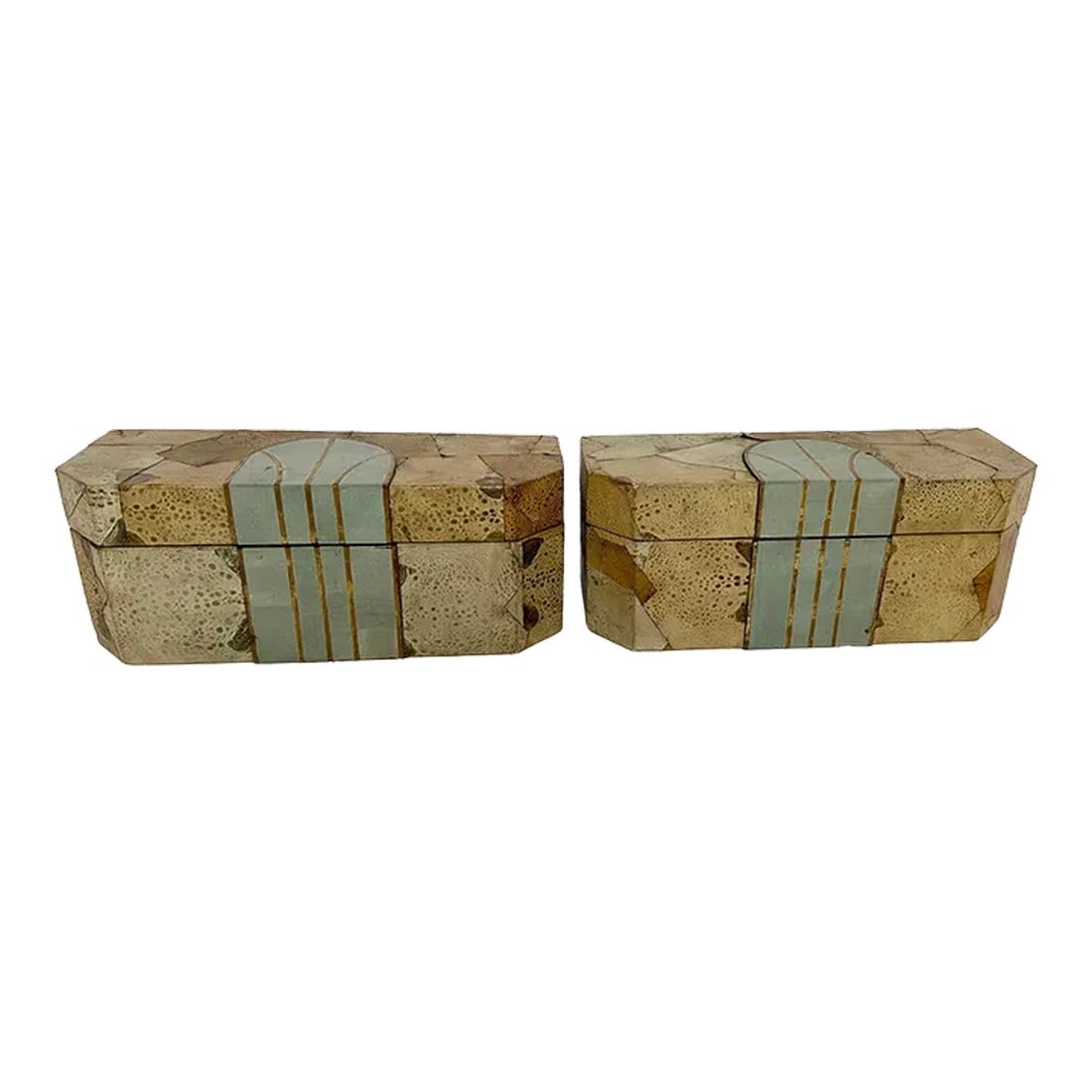 Leather Lidded Boxes & Embossed Seafoam Green Enamel -A Pair: Beautiful pair of leather lidded boxes having embossed seafoam green/blue enamel and brass decoration and lined in black velvet. Opening 9.5" W x 2.5" D x 2.75" H Condition: Alterations: Original