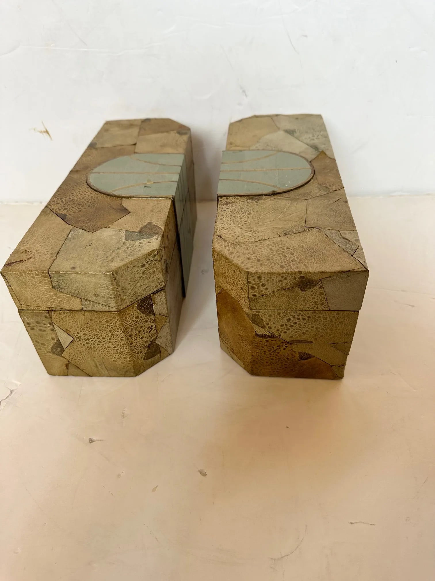 Leather Lidded Boxes & Embossed Seafoam Green Enamel -A Pair - 2