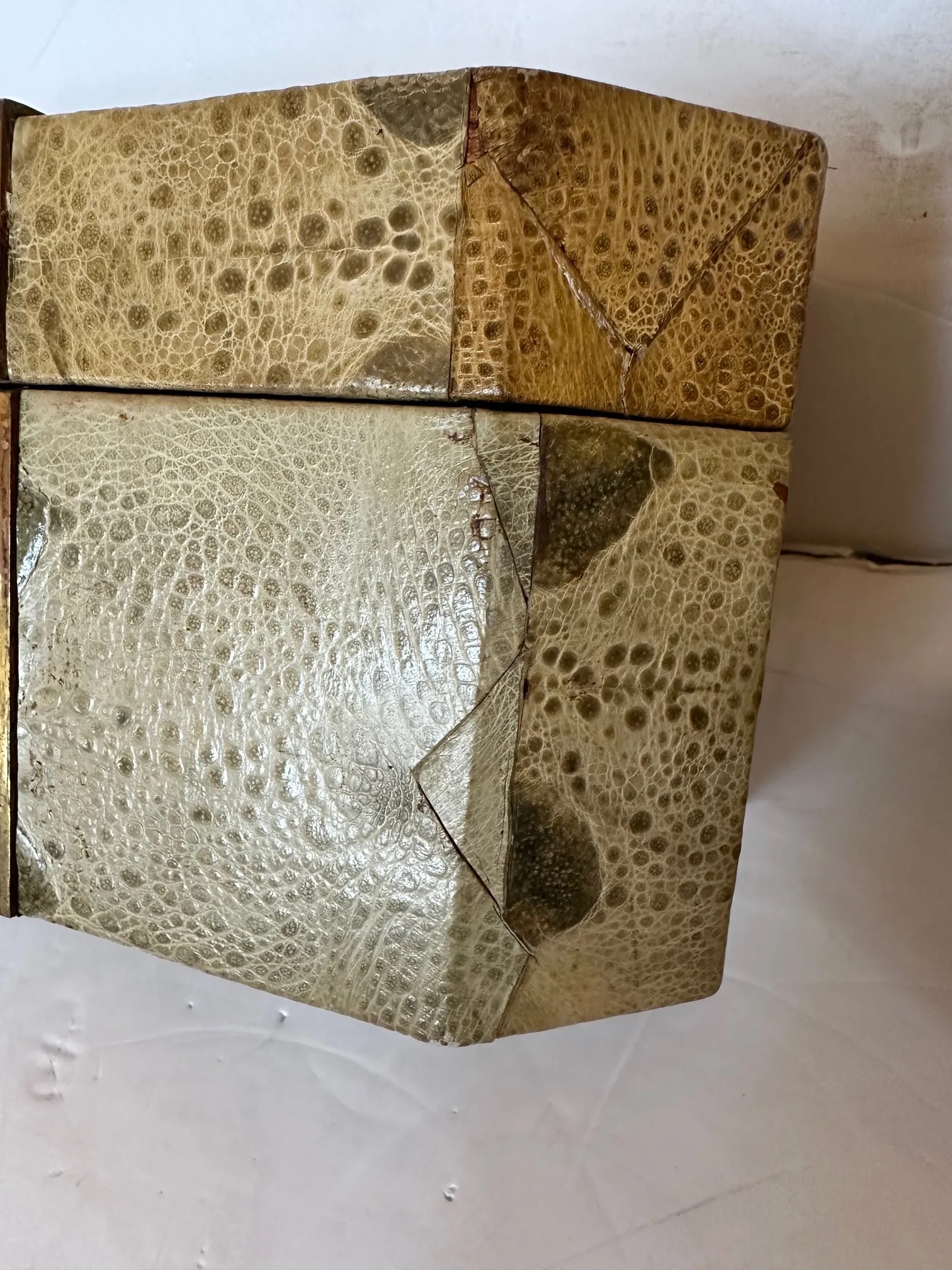 Leather Lidded Boxes & Embossed Seafoam Green Enamel -A Pair - 5