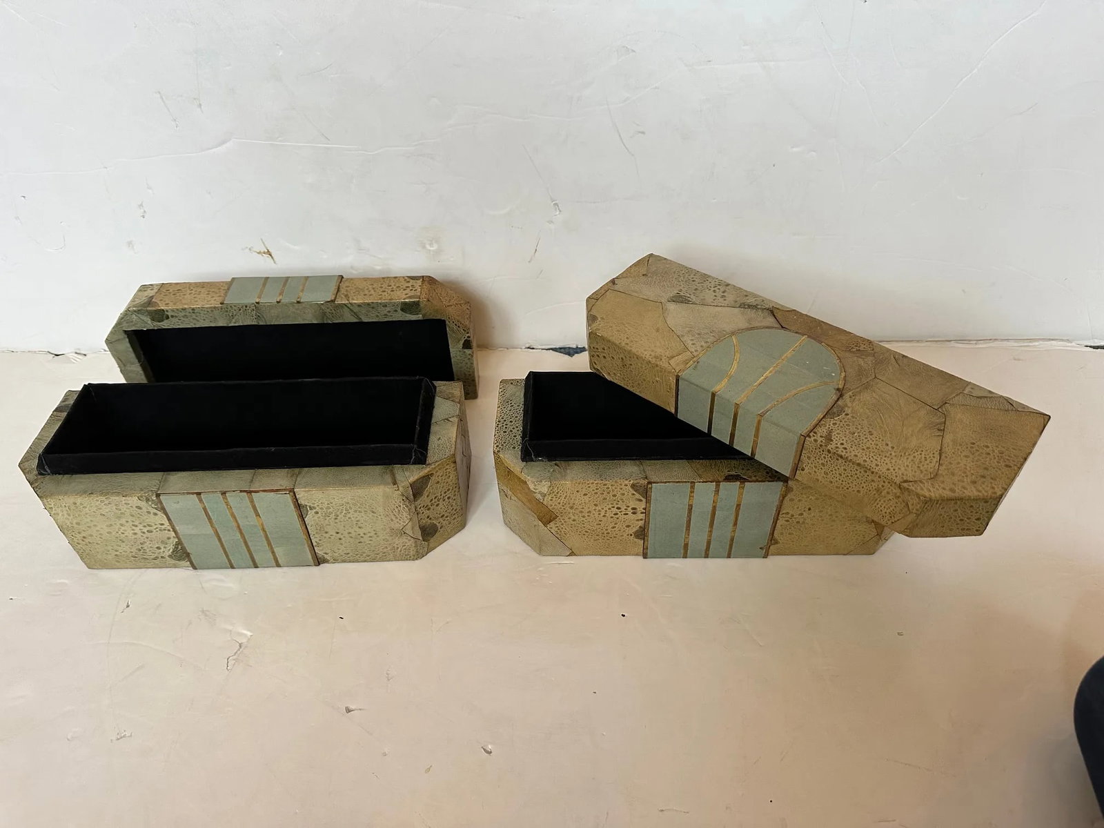 Leather Lidded Boxes & Embossed Seafoam Green Enamel -A Pair - 8