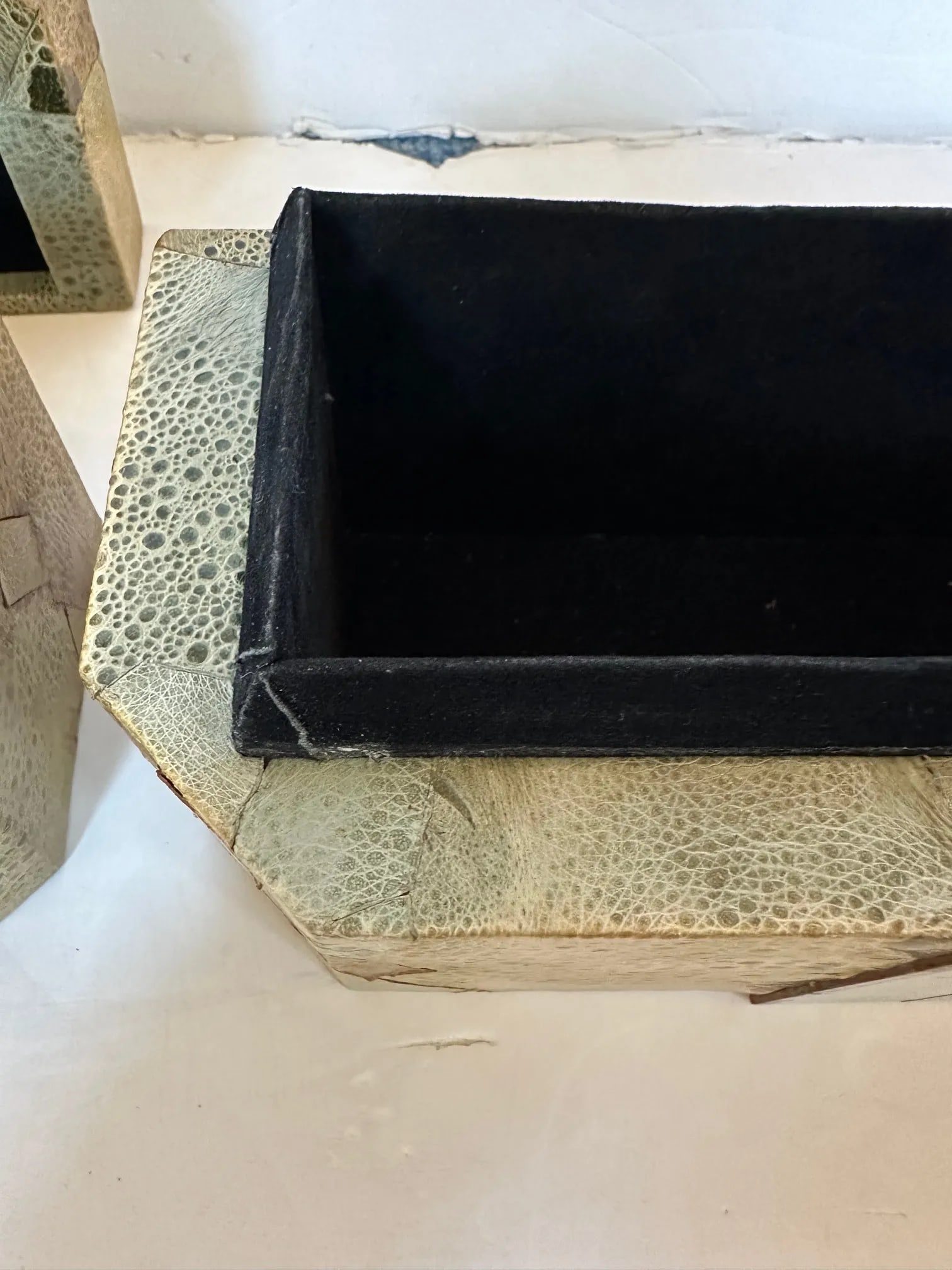 Leather Lidded Boxes & Embossed Seafoam Green Enamel -A Pair - 9