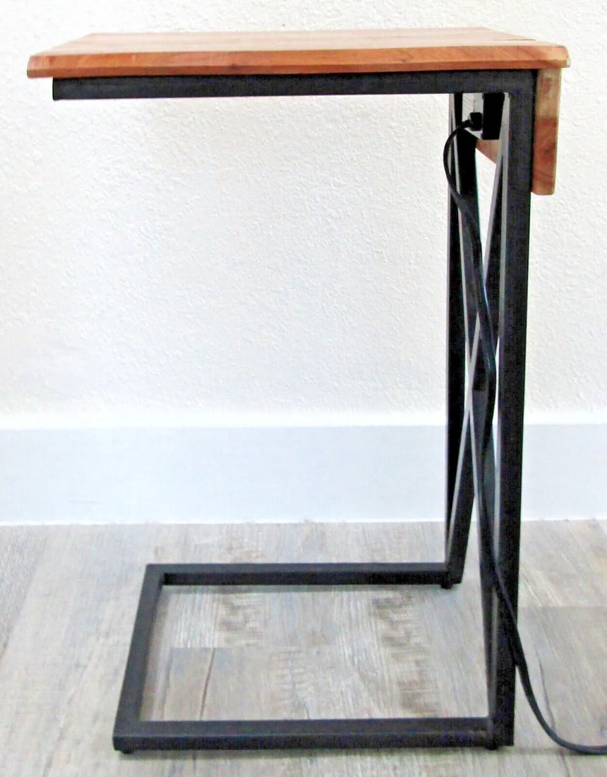 Acacia Live Edge Wood Side Table With Black Iron Frame Electrical Usb Outlets - 2