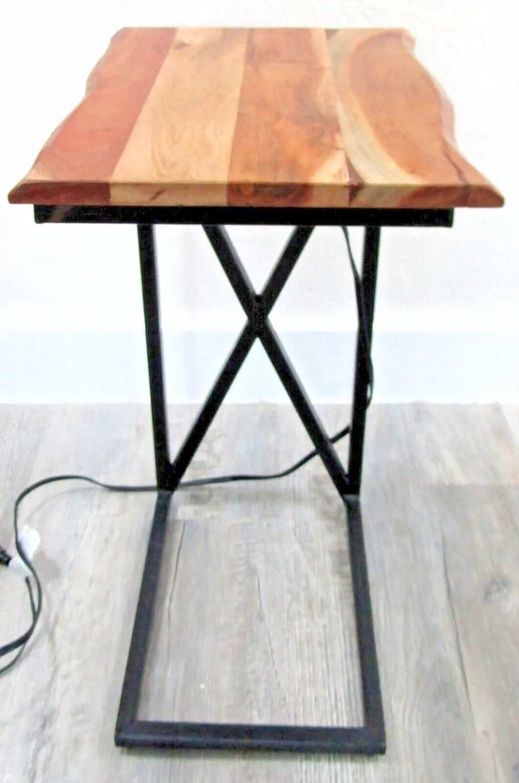 Acacia Live Edge Wood Side Table With Black Iron Frame Electrical Usb Outlets - 3