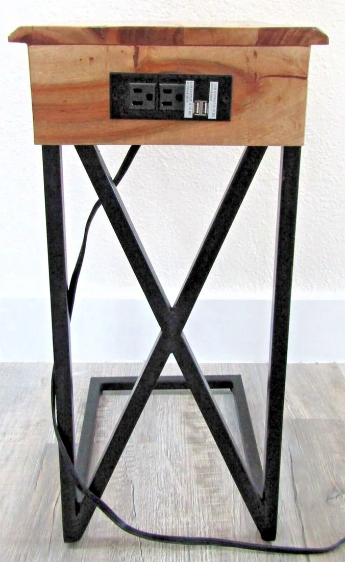 Acacia Live Edge Wood Side Table With Black Iron Frame Electrical Usb Outlets - 5